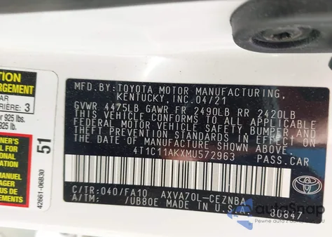 2021 Toyota Camry Le from USA, damaged, VIN 4T1C11AKXMU572963